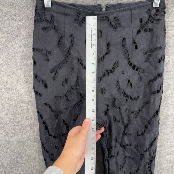 Chettab Pants Women 6 Black Geometric Embroidered Chino Zipper High Rise Linen - Picture 4 of 7